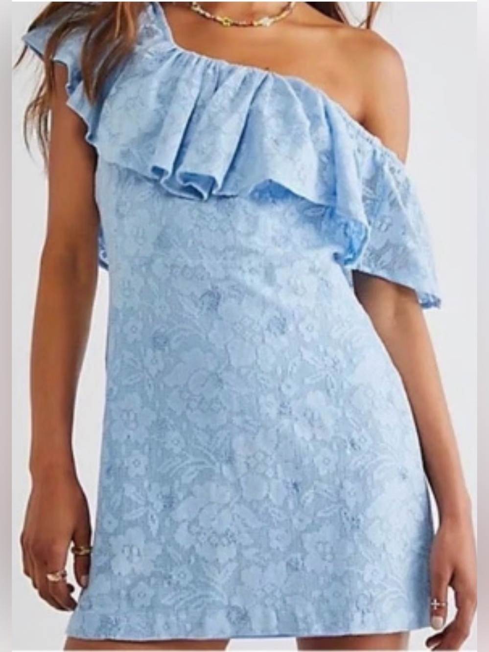 Free People Light Blue Off-Shoulder Lace Mini Dress